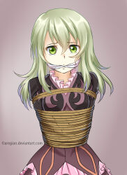 Rule 34 | 1girl, absurdres, aregian, bdsm, blonde hair, bondage, bound, cleave gag, cloth gag, dress, elize lutus, gag, gagged, green eyes, highres, improvised gag, long hair, looking at viewer, pink dress, rope, solo, tales of (series), tales of xillia