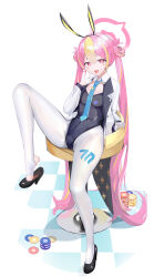 Rule 34 | 1girl, absurdres, animal ears, arm rest, black leotard, blonde hair, blue archive, blue necktie, blush stickers, checkered floor, collared jacket, crotch seam, dot nose, double bun, fake animal ears, finger to mouth, fuenyuan, full body, gloves, hair bun, half gloves, halo, high heels, highleg, highleg leotard, highres, jacket, knee up, koyuki (blue archive), koyuki (bunny) (blue archive), leaning back, leotard, long hair, long sleeves, looking at viewer, millennium science school logo, multicolored hair, necktie, open clothes, open jacket, pantyhose, pink hair, pink halo, playboy bunny, poker chip, rabbit ears, raised eyebrows, shoe dangle, simple background, sitting, solo, stirrup legwear, stool, strapless, strapless leotard, streaked hair, suit jacket, toeless legwear, tongue, tongue out, twintails, two-tone hair, very long hair, white background, white gloves, white jacket, white pantyhose