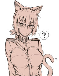 Rule 34 | 1girl, ?, animal ears, bag, blush, braid, braided ponytail, breasts, cat ears, cat tail, coat, eyebrows hidden by hair, fate/grand order, fate (series), florence nightingale (fate), greyscale, hair between eyes, handbag, highres, large breasts, long hair, looking at viewer, medium breasts, military, monochrome, sanmoto gorouzaemon, simple background, solo, tail, uniform, white background