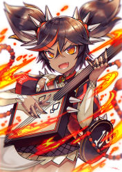 Rule 34 | 1girl, :d, black hair, black nails, black tank top, brown hair, commentary request, cowboy shot, dark-skinned female, dark skin, fang, fire, genshin impact, gia, hair between eyes, hair ornament, hairband, highres, holding, holding instrument, instrument, long hair, looking at viewer, lower teeth only, lute (instrument), multicolored hair, nail polish, open mouth, red hair, red ribbon, ribbon, shorts, sidelocks, signature, simple background, smile, solo, spiked hairband, spikes, standing, streaked hair, tank top, teeth, twintails, vest, white background, white shorts, xinyan (genshin impact), yellow eyes
