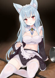 Rule 34 | 1girl, absurdres, animal ears, apron, blue hair, breasts, cleavage, detached sleeves, fox ears, frilled apron, frills, highres, large breasts, long hair, looking at viewer, maid, maid headdress, midriff, navel, ochinsama, original, red eyes, solo, thighhighs, waist apron, white thighhighs