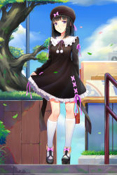 Rule 34 | 1girl, :o, absurdres, arm behind back, bag, black dress, black hair, black hat, blue sky, blunt bangs, blush, bow, cloud, day, dress, falling leaves, footwear bow, frilled dress, frilled shirt collar, frills, full body, handbag, hat, hat bow, high heels, highres, holding, holding bag, kneehighs, leaf, looking at viewer, looking back, medium hair, original, outdoors, parted lips, pink bow, pink ribbon, platform footwear, pom pom (clothes), purple eyes, railing, ribbon, shoes, skirt hold, sky, socks, solo, sonikey0 0, stairs, strappy heels, tree, white socks