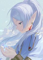 Rule 34 | 1girl, asukayou, blue background, blue flower, chinese commentary, commentary, earrings, elf, flower, forehead, frieren, from side, gem, glowing flower, green eyes, highres, jewelry, long hair, looking at flowers, looking down, object floating above hand, parted bangs, pointy ears, profile, red gemstone, robe, short eyebrows, smile, solo, sousou no frieren, twintails, white hair, white robe