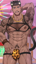 Rule 34 | 1boy, abs, animal ears, arm behind head, arm tattoo, armpits, bar (place), bara, bare pectorals, bead bracelet, beads, biceps, black eyes, black hair, bracelet, building, bulge, cat ears, cat tail, dark-skinned male, dark skin, diadem, fang, firenzesaika, fishnets, hand on own hip, highres, jewelry, legband, light, looking at viewer, male focus, manly, mature male, muscular, muscular male, navel, necklace, nipples, no pants, original, pectorals, room, scorpion, scorpion tattoo, shoulder tattoo, smile, socks, solo, spiked hair, stomach tattoo, tail, tattoo, teeth, thick arms, thick eyebrows, thick thighs, thighs, tight clothes, tongue, tusks