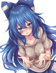 Rule 34 | 1girl, blue bow, blue hair, blue skirt, blush, bow, bracelet, breasts, brown hoodie, collarbone, commentary, cowboy shot, dutch angle, eyes visible through hair, floating hair, green eyes, hair between eyes, hair bow, hands up, highres, hood, hood down, hoodie, jewelry, large breasts, long hair, looking at viewer, nervous, open hands, open mouth, short sleeves, sidelocks, simple background, siw0n, skirt, smile, solo, touhou, tsurime, very long hair, white background, yorigami shion