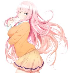 Rule 34 | 1girl, ;o, absurdres, blue eyes, breasts, collared shirt, commentary request, cowboy shot, finger to cheek, from side, gradient hair, highres, katou asuka, large breasts, long hair, looking at viewer, mochamillll, multicolored hair, one eye closed, orange sweater, pink hair, pleated skirt, school uniform, shirt, simple background, skirt, solo, standing, sweater, very long hair, watashi ga motenai no wa dou kangaetemo omaera ga warui!, white background, white shirt, yellow skirt