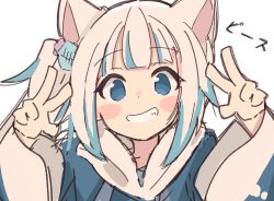 Rule 34 | 1girl, absurdres, alternate hairstyle, animal ears, blue eyes, blue hair, blush stickers, cat ears, double v, gawr gura, hair ornament, highres, hololive, hololive english, holomyth, hood, hoodie, long sleeves, looking at viewer, multicolored hair, n40a1, side ponytail, silver hair, smile, solo, streaked hair, v, virtual youtuber, white background