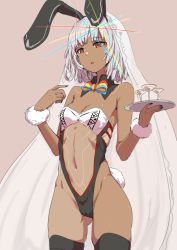 Rule 34 | 1girl, adapted costume, altera (fate), animal ears, black nails, black thighhighs, breasts, clearite, cleavage, cocktail glass, cup, dark-skinned female, dark skin, drinking glass, fate/grand order, fate (series), gluteal fold, long hair, nail polish, rabbit ears, rabbit girl, rabbit tail, red eyes, short hair, silver hair, simple background, small breasts, solo, tail, tattoo, thighhighs, tray, veil