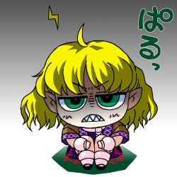 Rule 34 | 1girl, angry, blonde hair, chibi, clenched teeth, female focus, full body, gradient background, green eyes, grey background, mizuhashi parsee, pointy ears, scarf, shoes, sitting, socks, solo, teeth, touhou, translation request, white background