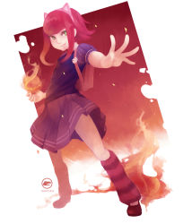 Rule 34 | 1girl, animal ears, annie (league of legends), artist name, backpack, bag, cat, closed mouth, dress, green eyes, kneehighs, league of legends, looking at viewer, nanoless, purple dress, red hair, skirt, socks, striped clothes, striped socks