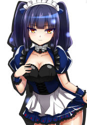 Rule 34 | 1girl, alternate costume, blue hair, bow, bowtie, breasts, cleavage, collarbone, cowboy shot, crimson avenger (elsword), elesis (elsword), elsword, enmaided, highres, long hair, looking at viewer, maid, maid headdress, medium breasts, miniskirt, skirt, smile, solo, striped, striped bow, wrist cuffs, yellow eyes, zetsuei (zetto)