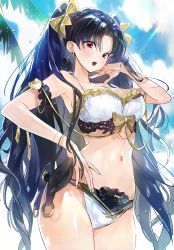 Rule 34 | 1girl, a2ki, armlet, asymmetrical legwear, asymmetrical sleeves, bare shoulders, bikini, blush, breasts, cleavage, day, detached collar, earrings, fate/grand order, fate (series), frilled bikini, frills, gold trim, hand on own hip, hoop earrings, ishtar (fate), jewelry, long hair, looking at viewer, neck ring, palm tree, parted bangs, solo, swimsuit, thighs, tiara, tree, two side up, uneven legwear, uneven sleeves, white bikini