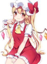 Rule 34 | 1girl, absurdres, alternate hairstyle, artist name, blonde hair, blush, bow, breasts, closed mouth, collar, collared shirt, crystal, dress, eyes visible through hair, flandre scarlet, hair between eyes, hand up, hat, hat bow, highres, jewelry, long hair, looking at viewer, medium breasts, mob cap, multicolored wings, necktie, one side up, pointy ears, puffy short sleeves, puffy sleeves, red bow, red dress, red eyes, shinonome asu, shirt, short sleeves, simple background, sitting, smile, solo, touhou, white background, white hat, white shirt, wings, wrist cuffs, yellow necktie