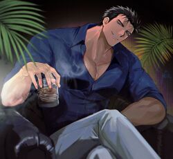 Rule 34 | 1boy, artist request, bad id, bad twitter id, bara, black hair, blue eyes, borrowed character, collared shirt, commission, couch, crossed legs, cup, feet out of frame, hand up, head tilt, highres, holding, holding cup, large pectorals, long sideburns, looking at viewer, male focus, muscular, muscular male, on couch, original, pants, partially unbuttoned, pectoral cleavage, pectorals, plant, second-party source, shirt, short hair, sideburns, skeb commission, smile, smoke, solo, thick eyebrows, white pants