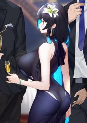 Rule 34 | 1girl, 2boys, alcohol, ass, backless dress, backless outfit, black dress, black hair, black leotard, blue hair, bracelet, breasts, bug, butterfly, cup, dress, drinking glass, earrings, flower, formal, glass, hair flower, hair ornament, highres, huge breasts, insect, jewelry, large breasts, leotard, leotard under clothes, long hair, multicolored hair, multiple boys, narrow waist, original, sideboob, solo focus, suit, two-tone hair, wine, wine glass, xiujia yihuizi, yellow eyes