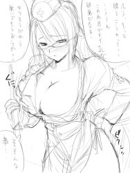 Rule 34 | 1girl, breasts, cleavage, greyscale, hima, large breasts, monochrome, nurse, solo