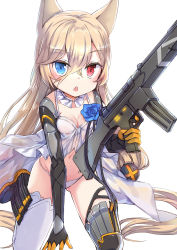 Rule 34 | 1girl, animal ears, assault rifle, babydoll, barcode, barcode tattoo, black footwear, black gloves, blue eyes, blush, boots, breasts, chestnut mouth, cleavage, collarbone, detached collar, elbow gloves, fang, g41 (girls&#039; frontline), girls&#039; frontline, gloves, groin, gun, h&amp;k g41, hair between eyes, hair ornament, heterochromia, holding, holding gun, holding weapon, jin young-in, kneeling, light brown hair, long hair, looking at viewer, medium breasts, name connection, navel, object namesake, panties, red eyes, rifle, simple background, solo, tattoo, thighhighs, underwear, underwear only, very long hair, weapon, white background, white panties, white thighhighs