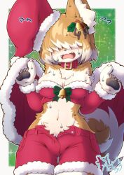 Rule 34 | 1girl, acky, animal collar, animal ear fluff, animal ears, bell, blush, body fur, border, breasts, capelet, christmas, collar, dog ears, dog girl, dog tail, dress, embarrassed, fangs, flying sweatdrops, fur-trimmed capelet, fur-trimmed dress, fur-trimmed shorts, fur trim, furry, furry female, green background, hair bell, hair ornament, hair over eyes, hat, highres, holly hair ornament, large breasts, light brown hair, multicolored fur, multicolored hair, navel, nervous sweating, nose blush, open fly, open mouth, original, outside border, pawpads, red hat, red shorts, santa hat, shorts, solo, strapless, sweat, tail, unbuttoned, wavy mouth, white border, white hair