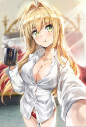 Rule 34 | 10s, 1girl, :t, ahoge, arm up, bedroom, blonde hair, blurry, breasts, cleavage, commentary request, cowboy shot, cup, depth of field, dress shirt, fate/extra, fate/grand order, fate (series), foreshortening, glint, green eyes, hair down, hair intakes, indoors, large breasts, long hair, long sleeves, looking at viewer, mug, nero claudius (fate), nero claudius (fate) (all), nero claudius (fate/extra), no pants, panties, reaching, reaching towards viewer, red panties, selfie, shirt, solo, steam, tonee, underwear