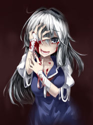 Rule 34 | 1girl, akitsuchi shien, bad id, bad pixiv id, bandages, blood, bloody tears, breasts, female focus, gradient background, highres, kamishirasawa keine, long hair, silver hair, solo, touhou