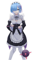 Rule 34 | 1girl, absurdres, angry, apron, bad id, bad pixiv id, black dress, black ribbon, blue eyes, blue hair, blush, breasts, check commentary, cleavage, commentary request, detached sleeves, dress, feet out of frame, flail, flower knot, frilled apron, frilled dress, frilled sleeves, frills, hair ornament, hair over one eye, hair ribbon, highres, holding, holding weapon, large breasts, looking at viewer, maid, maid headdress, morning star, neck ribbon, off me, open mouth, pantyhose, parted lips, pink ribbon, re:zero kara hajimeru isekai seikatsu, rem (re:zero), ribbon, short hair, solo, waist apron, weapon, white pantyhose, wide sleeves, x hair ornament