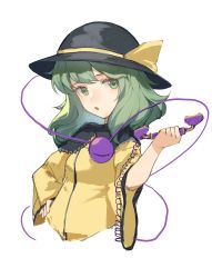 Rule 34 | 1girl, :o, absurdres, coiled cord, cropped torso, eyebrows hidden by hair, green eyes, green hair, hand on own hip, hat, highres, holding, holding phone, komeiji koishi, light blush, long hair, looking at viewer, open mouth, phone, shirt, simple background, solo, third eye, touhou, wb yimo, white background, wide sleeves, yellow shirt