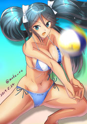 Rule 34 | 1girl, ball, beach volleyball, bikini, bikini tan, blue bikini, blue eyes, blue hair, breasts, character name, commentary request, dated, feet out of frame, front-tie bikini top, front-tie top, isuzu (kancolle), kantai collection, large breasts, long hair, moke ro, motion blur, side-tie bikini bottom, solo, swimsuit, tan, tanline, twintails, twitter username, volleyball, volleyball (object)