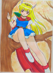 Rule 34 | 1990s (style), 1girl, absurdres, akazukin chacha, belt, blonde hair, blue dress, blush, bracelet, brooch, brown eyes, collar, dress, forest, highres, jewelry, long hair, looking at viewer, magical princess, nature, outdoors, retro artstyle, short dress, short sleeves, sitting, smile, tree, white footwear, winged hair ornament