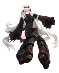 Rule 34 | 10s, 1girl, abyssal ship, aircraft carrier water oni, armor, armored boots, bare shoulders, black dress, black footwear, black gloves, boots, breasts, da-kuro, dakuro, detached sleeves, dress, female focus, frilled dress, frilled sleeves, frills, full body, gloves, hair ornament, kantai collection, knee boots, large breasts, long hair, orange eyes, ribbed dress, sailor dress, short dress, simple background, solo, striped, thighhighs, very long hair, white background, white hair, zettai ryouiki