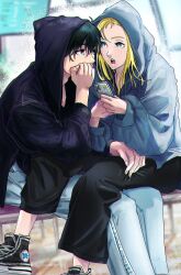 Rule 34 | 1boy, 1girl, :o, absurdres, ajiro shinpei, black hair, black hoodie, black pants, blonde hair, blue eyes, commentary, denim, english commentary, head rest, highres, holding, holding phone, hood, hoodie, jeans, kofune ushio, long hair, long sleeves, looking at another, nikoma2211, on lap, open mouth, outdoors, pants, phone, shoes, sitting, sneakers, summertime render
