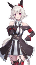 Rule 34 | 1girl, absurdres, animal ears, bare shoulders, black hairband, black jacket, bow, breasts, buttons, collared dress, commentary, cowboy shot, curren chan (umamusume), dress, ear bow, finger to mouth, gloves, grey hair, grin, hairband, hand on own hip, hand up, highres, hiyashi mirano, horse ears, horse girl, horse tail, index finger raised, jacket, light blush, long sleeves, looking at viewer, medium breasts, off-shoulder jacket, off shoulder, purple eyes, red bow, red thighhighs, short hair, simple background, sleeveless, sleeveless dress, smile, solo, standing, striped clothes, striped dress, tail, thighhighs, umamusume, vertical-striped clothes, vertical-striped dress, white background, white gloves