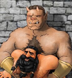 Rule 34 | 2boys, bara, beard, blush, boar boy, body fur, brick wall, brown hair, couple, dark-skinned male, dark skin, dungeon meshi, dwarf, embearassing art, facial hair, hairy, happy sex, interspecies, long beard, male focus, monster boy, multiple boys, muscular, muscular male, nude, orc, out-of-frame censoring, paid reward available, pointy ears, senshi (dungeon meshi), sex, short hair, size difference, thick chest hair, thick mustache, torogao, tusks, upper body, very long beard, yaoi, zon (dungeon meshi)