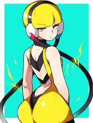 Rule 34 | 1girl, arched back, ass, bare arms, bare shoulders, black choker, black dress, blonde hair, blue background, blue eyes, blunt bangs, border, breasts, butt crack, cable, choker, creatures (company), dress, electricity, elesa (pokemon), from behind, game freak, gym leader, headphones, highres, looking at viewer, looking back, mituyota 76, nintendo, pantyhose, parted lips, pokemon, pokemon bw, short dress, short hair, shoulder blades, simple background, sleeveless, sleeveless dress, solo, white border, yellow dress
