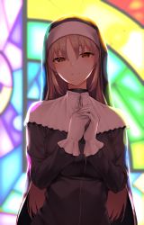 Rule 34 | 1girl, absurdres, black dress, brown eyes, brown hair, dress, gloves, hair between eyes, highres, hiiragi yuuichi, indoors, long hair, looking at viewer, nijisanji, nun, own hands together, sister claire, sister claire (1st costume), solo, standing, traditional nun, upper body, very long hair, virtual youtuber, white gloves