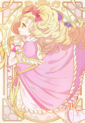Rule 34 | art nouveau, blonde hair, bow, dress, earrings, eyelashes, from side, futari wa precure, futari wa precure max heart, green eyes, heart, heart earrings, jewelry, kujou hikari, long hair, long sleeves, magical girl, own hands clasped, own hands together, parted lips, pink dress, precure, red bow, ribbon, shiny luminous, sun v 9, twintails, white footwear, yellow ribbon