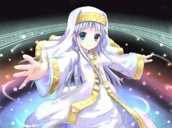 Rule 34 | 1girl, aqua eyes, blush, habit, index (toaru majutsu no index), long hair, looking at viewer, magic circle, morerin, nun, outstretched arms, outstretched hand, robe, safety pin, silver hair, smile, solo, spread arms, toaru majutsu no index
