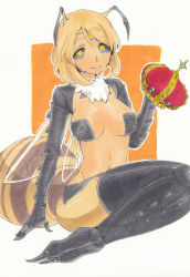Rule 34 | 1girl, antennae, arthropod girl, bad id, bad pixiv id, ballpoint pen (medium), bee girl, black sclera, black thighhighs, blonde hair, breasts, cleavage, colored sclera, colored skin, compound eyes, crown, fur, hachi futoshi, hat, holding, holding clothes, holding hat, insect girl, insect wings, knees together feet apart, large breasts, legs together, midriff, monster girl, navel, orange skin, original, queen, queen bee, short hair, simple background, sitting, smile, solo, spikes, tareme, thighhighs, traditional media, unworn crown, unworn hat, unworn headwear, white background, wings, yellow eyes