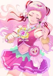 Rule 34 | 1girl, back bow, bow, clover earrings, cone hair bun, cowboy shot, cure yell, flower, four-leaf clover earrings, gradient background, hair bun, hair flower, hair ornament, hair ribbon, heart, heart hair ornament, heart pouch, highres, hugtto! precure, layered skirt, long hair, magical girl, muginome (bakuga chan2), navel, nono hana, pink background, pink hair, pink shirt, pink skirt, precure, ribbon, shirt, short bangs, skirt, smile, solo, thick eyelashes, thighhighs, waist brooch