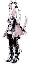Rule 34 | 1boy, animal ears, arms up, black footwear, black gloves, black pants, black scarf, boots, braid, braided ponytail, cat boy, cat ears, cat tail, closed eyes, commentary, elbow gloves, facial mark, final fantasy, final fantasy xiv, fingerless gloves, from side, full body, g&#039;raha tia, gloves, hair ornament, highres, itowo (itowc), jacket, knee boots, low ponytail, male focus, miqo&#039;te, monochrome, open mouth, outstretched arms, own hands together, pants, red hair, red jacket, scarf, shirt, short hair, short ponytail, shoulder belt, simple background, single braid, solo, standing, stretching, swept bangs, tail, tail raised, white background, white shirt, x hair ornament