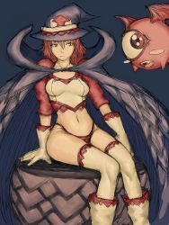 Rule 34 | 1girl, blue hat, fumio (rsqkr), gloves, hat, midriff, navel, original, panties, red hair, sitting, solo, thighhighs, underwear, witch hat