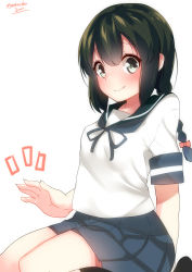 Rule 34 | 10s, 1girl, arm behind back, bad id, bad pixiv id, black hair, blush, braid, commentary, hair ribbon, highres, isonami (kancolle), kantai collection, long hair, looking at viewer, nebusoku, pleated skirt, ribbon, school uniform, seiza, serafuku, simple background, sitting, skirt, smile, solo, twitter username, white background