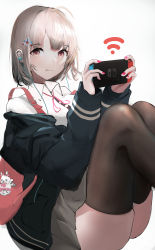 Rule 34 | 1girl, absurdres, ahoge, backpack, bag, black thighhighs, blouse, breasts, brown skirt, brown thighhighs, closed mouth, collared shirt, danganronpa (series), danganronpa 2: goodbye despair, dress shirt, earphones, feet out of frame, hair ornament, hairclip, handheld game console, highres, holding, holding handheld game console, jacket, knees up, koishi (hibananana), large breasts, light brown hair, long sleeves, looking at viewer, miniskirt, nail polish, nanami chiaki, neck ribbon, nintendo switch, off shoulder, playing games, pleated skirt, red nails, ribbon, shirt, short hair, simple background, sitting, skindentation, skirt, solo, thighhighs, usami (danganronpa), white shirt, wifi symbol