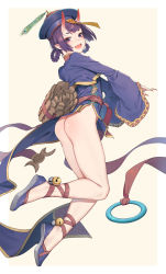 Rule 34 | 1girl, ankle lace-up, ass, bell, belt, braid, chinese clothes, commentary request, cross-laced footwear, eyeshadow, fang, fangxiang cuoluan, fate/grand order, fate (series), female focus, fingernails, hat, highres, horns, jiangshi, jingle bell, long fingernails, makeup, nail polish, no panties, ofuda, open mouth, pelvic curtain, pointy ears, purple hair, qingdai guanmao, red nails, sash, shaved eyebrow, short hair, shuten douji (fate), shuten douji (festival outfit) (fate), simple background, skin-covered horns, solo, twin braids