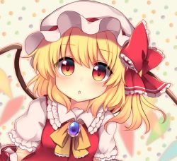 Rule 34 | 1girl, :o, blonde hair, blush, bow, breasts, brooch, commentary request, crystal, dot nose, dotted background, eyelashes, flandre scarlet, frilled bow, frilled shirt collar, frilled sleeves, frills, gem, hat, hat bow, hat ribbon, highres, jewelry, looking at viewer, mob cap, multicolored wings, one side up, open mouth, puffy short sleeves, puffy sleeves, purple gemstone, red bow, red ribbon, red vest, ribbon, ruhika, shirt, short sleeves, side ponytail, sidelocks, small breasts, solo, standing, touhou, upper body, vest, white background, white hat, white shirt, wings, wrist cuffs, yellow neckwear, yellow ribbon