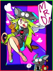 Rule 34 | !?, 1girl, animal ears, breasts, costume, ear tag, gloves, green hair, hat, heart (mad rat dead), mad rat, mad rat dead, mouse (animal), mouse ears, mouse girl, mouse tail, nippon ichi, rat god, red eyes, tail, wings