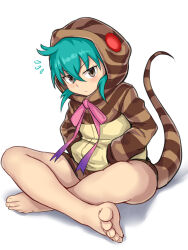 Rule 34 | 1girl, :&lt;, absurdres, animal hood, aomoro, aqua hair, bare legs, barefoot, blue ribbon, blush, brown eyes, closed mouth, crossed bangs, feet, full body, glowing, gradient neck ribbon, gradient ribbon, hair between eyes, hands in pockets, highres, hood, hood up, hoodie, indian style, kemono friends, long sleeves, looking at viewer, neck ribbon, notice lines, pink ribbon, ribbon, short hair, sitting, snake hood, snake tail, solo, striped clothes, striped hoodie, striped tail, tail, toenails, toes, tsuchinoko (kemono friends), variant set, white background