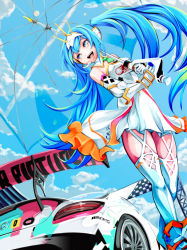 Rule 34 | 1girl, :d, blue eyes, blue hair, blush, breasts, car, clothes writing, cloud, contrail, cross-laced clothes, cross-laced legwear, day, detached collar, dress, dutch angle, elbow gloves, elbow pads, emblem, frills, from below, garter straps, gloves, goodsmile company, goodsmile racing, happy, hatsune miku, headset, high heels, holding, long hair, looking to the side, matching hair/eyes, mercedes-benz, mercedes-benz sls, motor vehicle, nagasawa tougo, necktie, open mouth, outdoors, over shoulder, panties, pantyshot, race queen, race vehicle, racecar, racing miku, racing miku (2015), short dress, short necktie, sky, small breasts, smile, solo, standing, strapless, strapless dress, thighhighs, transparent, transparent umbrella, twintails, umbrella, underwear, upskirt, vehicle, very long hair, vocaloid, white gloves, white panties, white thighhighs