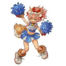 Rule 34 | 1girl, alternate costume, animal ear fluff, animal ears, animal hands, arm up, armpits, bell, blush, breasts, cat paws, cheering, cheerleader, clothes writing, collar, crop top, crop top overhang, fangs, fate/grand order, fate (series), fox ears, fox girl, fox tail, gloves, hair ornament, hair ribbon, hairclip, highres, holding, holding pom poms, jingle bell, kusama takato, large breasts, long hair, looking at viewer, midriff, miniskirt, navel, neck bell, open mouth, paw gloves, paw shoes, pink hair, pleated skirt, pom pom (cheerleading), pom poms, ponytail, red ribbon, ribbon, shirt, simple background, skirt, sleeveless, sleeveless shirt, smile, solo, tail, tamamo (fate), tamamo cat (fate), white background, yellow eyes