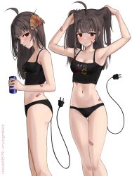 Rule 34 | 1girl, ahoge, bandaid, bandaid on arm, bandaid on face, bandaid on leg, black panties, black shirt, blunt bangs, blush, breasts, brown hair, bug, cable, can, cleavage, commentary, crop top, electric plug, english commentary, feet out of frame, groin, hand in own hair, highres, holding, holding can, insect, long hair, looking at viewer, medium breasts, midriff, mole, mole on arm, mole on breast, mole under eye, mole under mouth, moth, multiple moles, multiple views, navel, no pants, original, panties, parted lips, red eyes, shirt, sideways glance, standing, thigh gap, underwear, vickie (cryingrobot), vickie (cryingrobot) (character), wd-40, white background