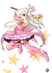 Rule 34 | 1girl, arm up, armpits, boots, chize, detached sleeves, dress, fate/kaleid liner prisma illya, fate (series), feather hair ornament, feathers, floating hair, full body, gloves, hair ornament, holding, holding staff, illyasviel von einzbern, layered dress, magical girl, one side up, open mouth, pink dress, pink feather, pink feathers, pink footwear, purple eyes, red eyes, silver hair, simple background, solo, staff, thigh boots, thighhighs, white background, white gloves